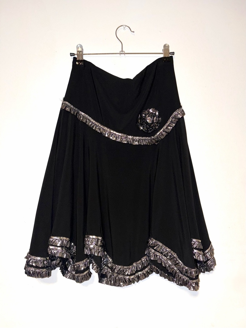 Vintage Black Skirt with Metallic Trim and Rosette